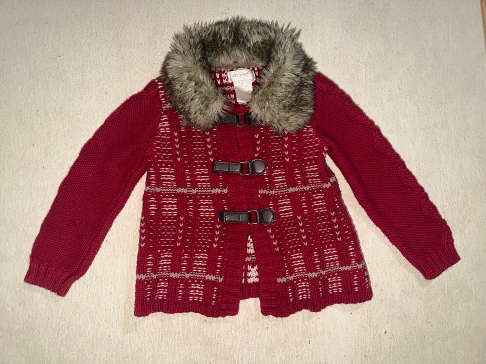 Savannah toddler girls red sweater with faux fur collar